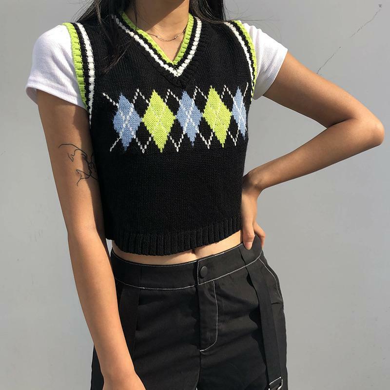 Y2K Black Plaid Argyle Vest - Retro 90s Grunge, Summer Y2K Outfits, Pastel Goth Fashion