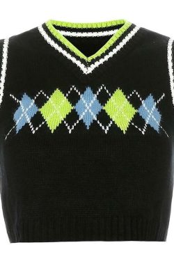 Y2K Black Plaid Argyle Vest - Retro 90s Grunge, Summer Y2K Outfits, Pastel Goth Fashion