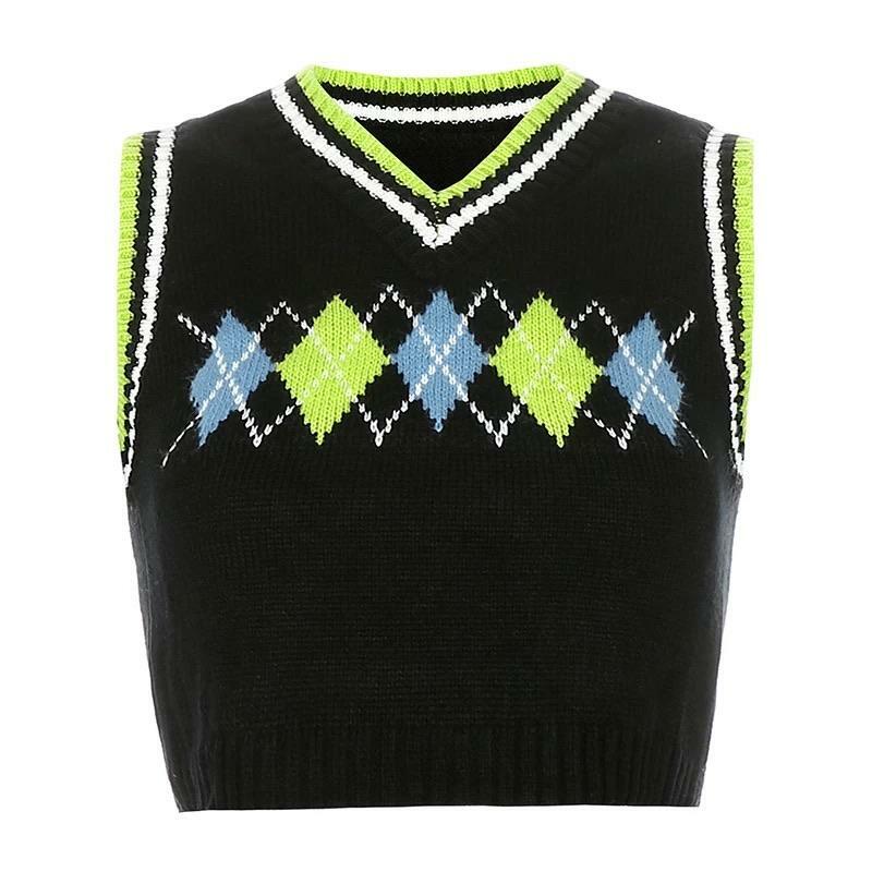 Y2K Black Plaid Argyle Vest - Retro 90s Grunge, Summer Y2K Outfits, Pastel Goth Fashion