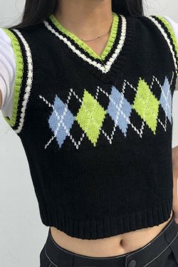 Y2K Black Plaid Argyle Vest - Retro 90s Grunge, Summer Y2K Outfits, Pastel Goth Fashion