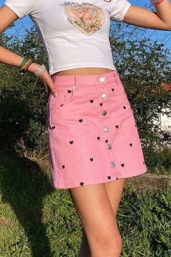 Y2K Black Skirt with Pink Hearts - Perfect for 90s Grunge, Summer Outfits, and Retro Parties