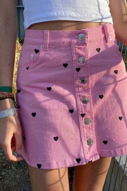 Y2K Black Skirt with Pink Hearts - Perfect for 90s Grunge, Summer Outfits, and Retro Parties