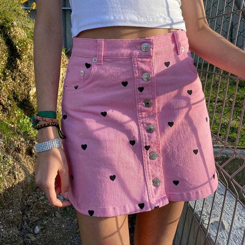 Y2K Black Skirt with Pink Hearts - Perfect for 90s Grunge, Summer Outfits, and Retro Parties