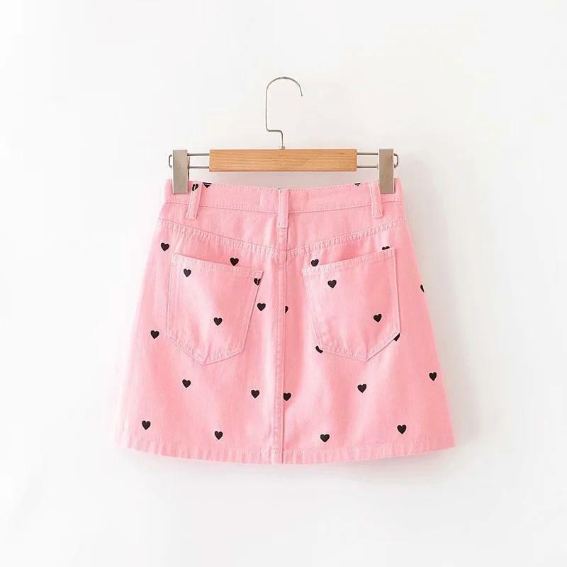 Y2K Black Skirt with Pink Hearts - Perfect for 90s Grunge, Summer Outfits, and Retro Parties