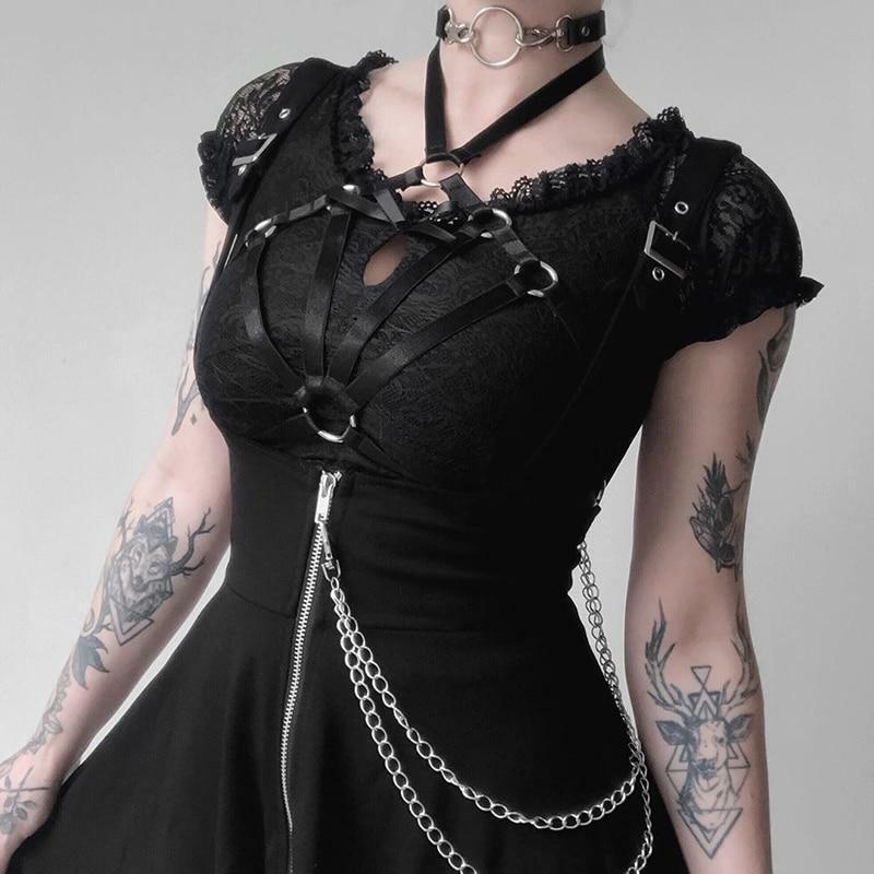 Y2K Black Strap Skirt - 90s Grunge, Retro, Gothic, Summer Y2K Outfits, Y2K Party Fashion