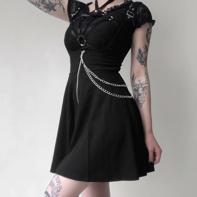Y2K Black Strap Skirt - 90s Grunge, Retro, Gothic, Summer Y2K Outfits, Y2K Party Fashion