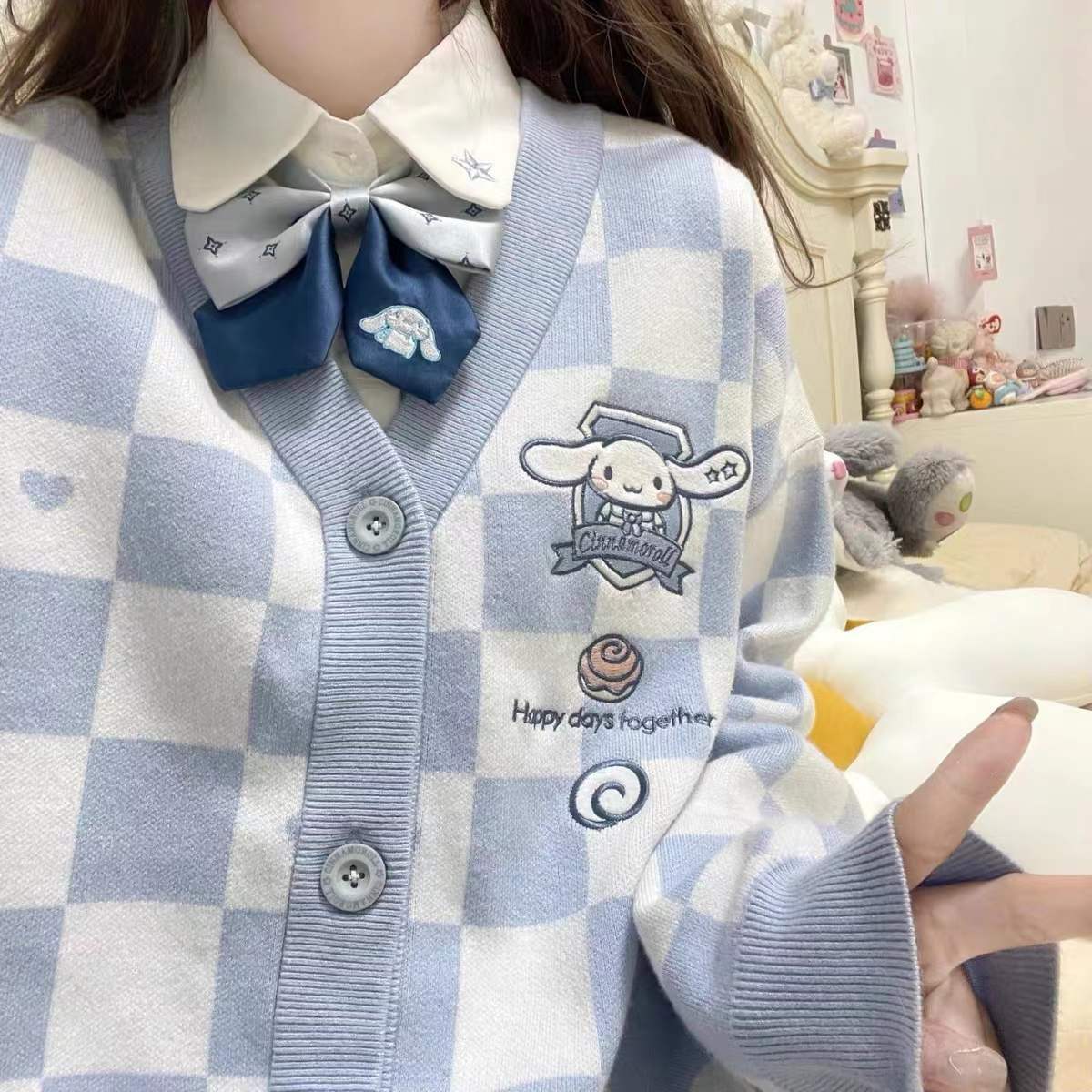 Y2K Blue Checker Cardigan Sweater - Retro 90s Grunge, Pastel Goth, Y2K Summer Outfits