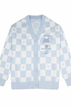Y2K Blue Checker Cardigan Sweater - Retro 90s Grunge, Pastel Goth, Y2K Summer Outfits