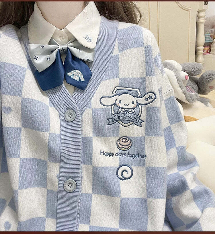 Y2K Blue Checker Cardigan Sweater - Retro 90s Grunge, Pastel Goth, Y2K Summer Outfits