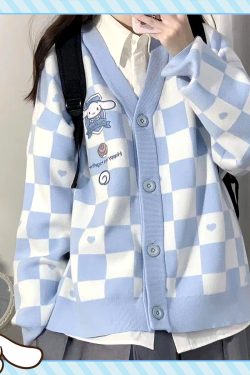 Y2K Blue Checker Cardigan Sweater - Retro 90s Grunge, Pastel Goth, Y2K Summer Outfits