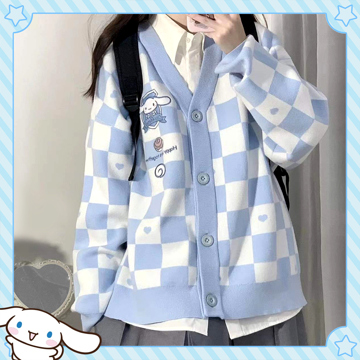 Y2K Blue Checker Cardigan Sweater - Retro 90s Grunge, Pastel Goth, Y2K Summer Outfits