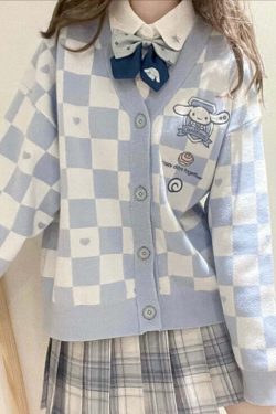 Y2K Blue Checker Cardigan Sweater - Retro 90s Grunge, Pastel Goth, Y2K Summer Outfits