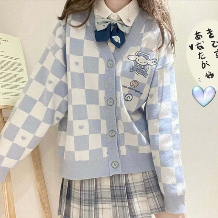 Y2K Blue Checker Cardigan Sweater - Retro 90s Grunge, Pastel Goth, Y2K Summer Outfits