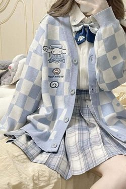 Y2K Blue Checker Cardigan Sweater - Retro 90s Grunge, Pastel Goth, Y2K Summer Outfits