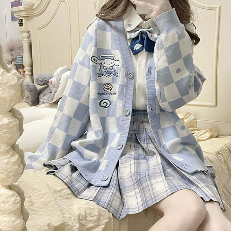 Y2K Blue Checker Cardigan Sweater - Retro 90s Grunge, Pastel Goth, Y2K Summer Outfits