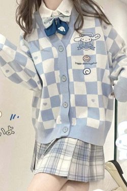 Y2K Blue Checker Cardigan Sweater - Retro 90s Grunge, Pastel Goth, Y2K Summer Outfits