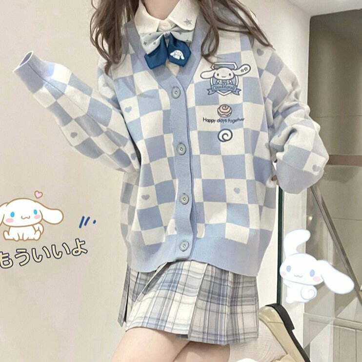 Y2K Blue Checker Cardigan Sweater - Retro 90s Grunge, Pastel Goth, Y2K Summer Outfits