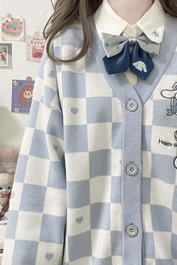 Y2K Blue Checker Cardigan Sweater - Retro 90s Grunge, Pastel Goth, Y2K Summer Outfits
