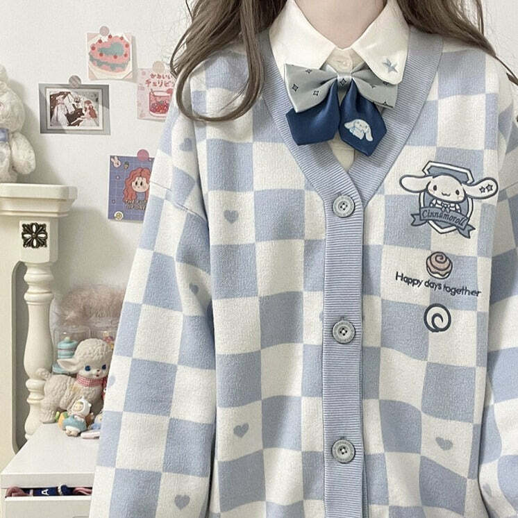 Y2K Blue Checker Cardigan Sweater - Retro 90s Grunge, Pastel Goth, Y2K Summer Outfits