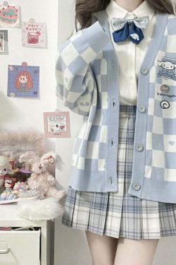 Y2K Blue Checker Cardigan Sweater - Retro 90s Grunge, Pastel Goth, Y2K Summer Outfits