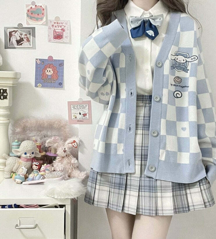 Y2K Blue Checker Cardigan Sweater - Retro 90s Grunge, Pastel Goth, Y2K Summer Outfits