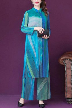 Y2K Blue Print Silk Long Shirt & Wide Leg Pants Set - Retro 90s Grunge Summer Outfit