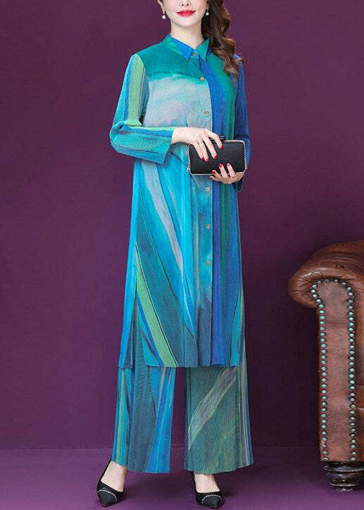 Y2K Blue Print Silk Long Shirt & Wide Leg Pants Set - Retro 90s Grunge Summer Outfit