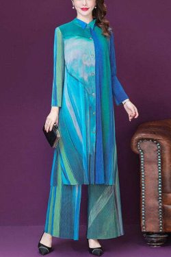Y2K Blue Print Silk Long Shirt & Wide Leg Pants Set - Retro 90s Grunge Summer Outfit