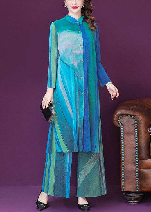Y2K Blue Print Silk Long Shirt & Wide Leg Pants Set - Retro 90s Grunge Summer Outfit