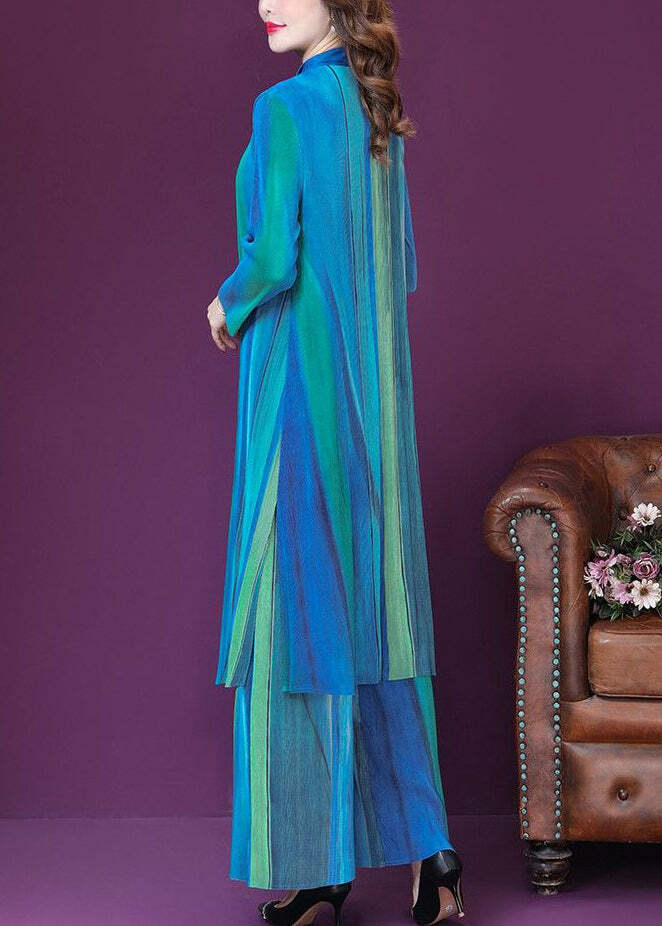 Y2K Blue Print Silk Long Shirt & Wide Leg Pants Set - Retro 90s Grunge Summer Outfit