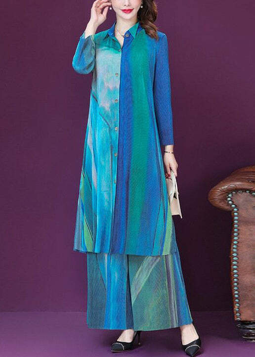 Y2K Blue Print Silk Long Shirt & Wide Leg Pants Set - Retro 90s Grunge Summer Outfit