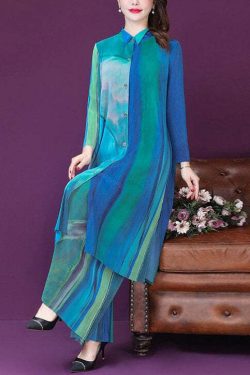 Y2K Blue Print Silk Long Shirt & Wide Leg Pants Set - Retro 90s Grunge Summer Outfit