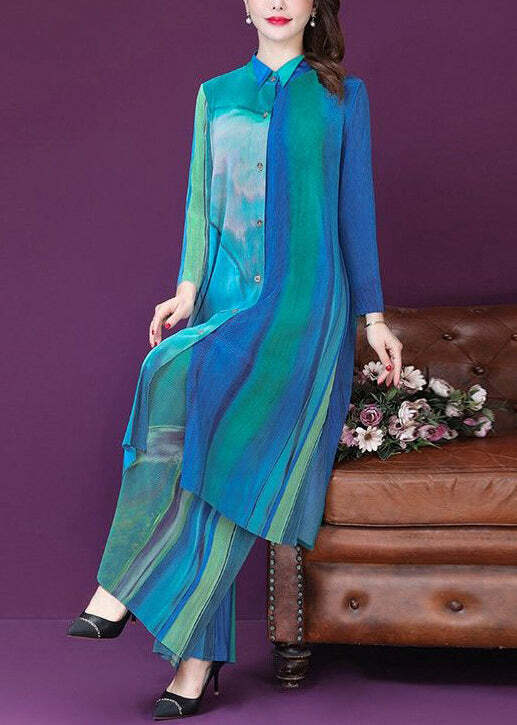 Y2K Blue Print Silk Long Shirt & Wide Leg Pants Set - Retro 90s Grunge Summer Outfit