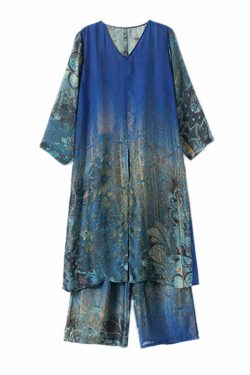 Y2K Blue V Neck Silk Dress & Wide Leg Pants Set - 90s Grunge Summer Outfit for Women