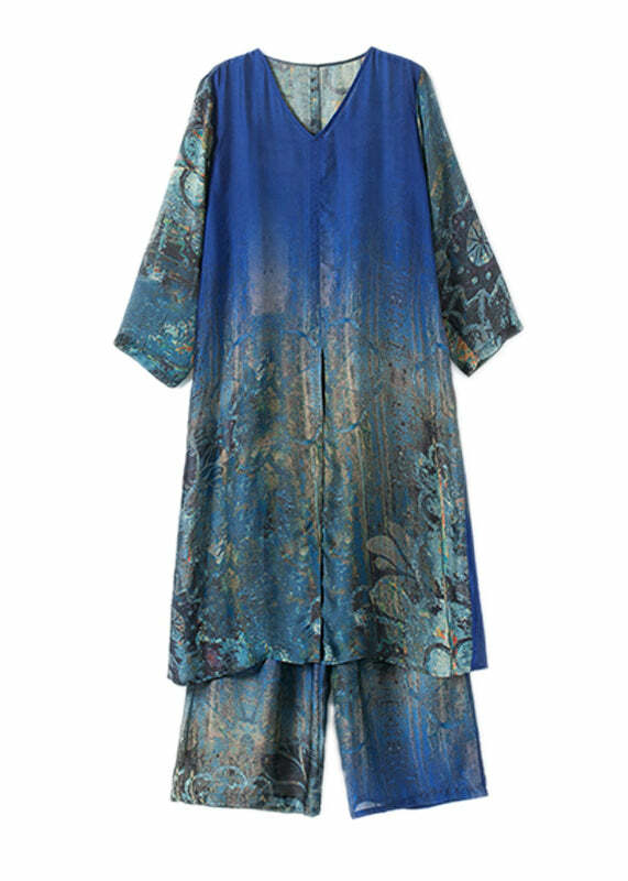 Y2K Blue V Neck Silk Dress & Wide Leg Pants Set - 90s Grunge Summer Outfit for Women
