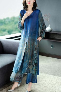 Y2K Blue V Neck Silk Dress & Wide Leg Pants Set - 90s Grunge Summer Outfit for Women