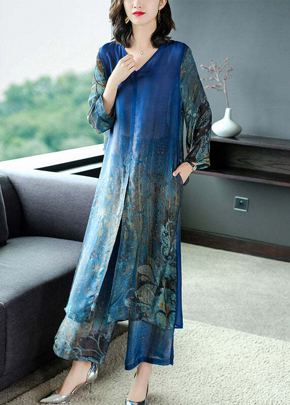 Y2K Blue V Neck Silk Dress & Wide Leg Pants Set - 90s Grunge Summer Outfit for Women