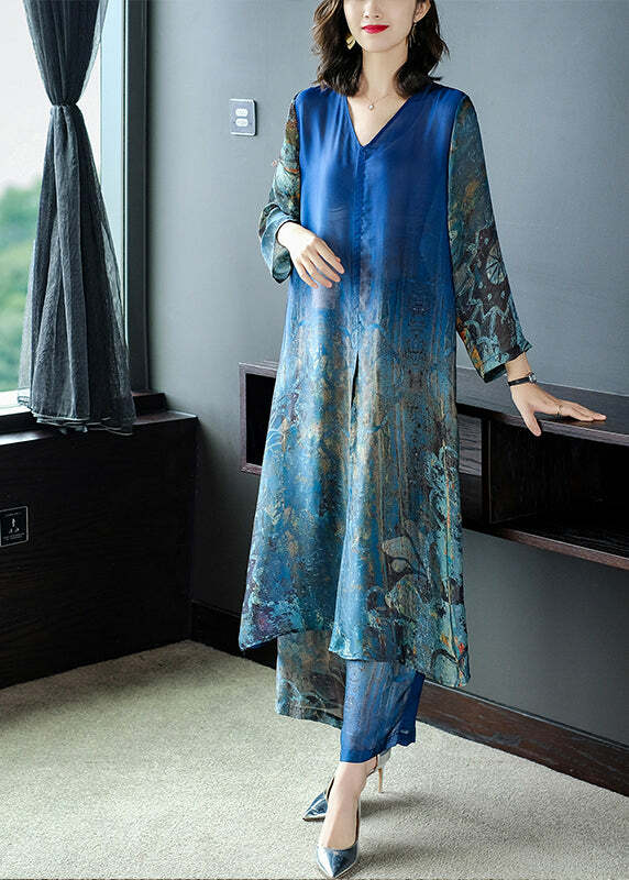 Y2K Blue V Neck Silk Dress & Wide Leg Pants Set - 90s Grunge Summer Outfit for Women