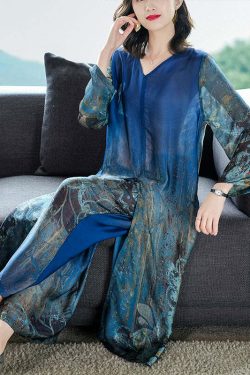 Y2K Blue V Neck Silk Dress & Wide Leg Pants Set - 90s Grunge Summer Outfit for Women