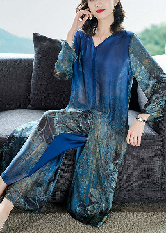 Y2K Blue V Neck Silk Dress & Wide Leg Pants Set - 90s Grunge Summer Outfit for Women