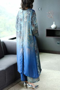 Y2K Blue V Neck Silk Dress & Wide Leg Pants Set - 90s Grunge Summer Outfit for Women
