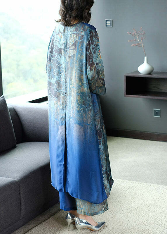 Y2K Blue V Neck Silk Dress & Wide Leg Pants Set - 90s Grunge Summer Outfit for Women