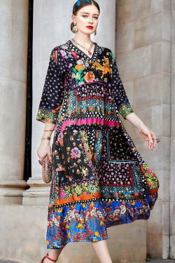Y2K Bohemian Colorblock V Neck Patchwork Silk Long Dress - Retro 90s Grunge Summer Outfit