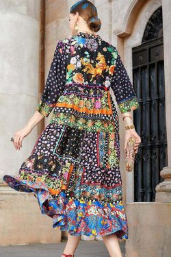 Y2K Bohemian Colorblock V Neck Patchwork Silk Long Dress - Retro 90s Grunge Summer Outfit