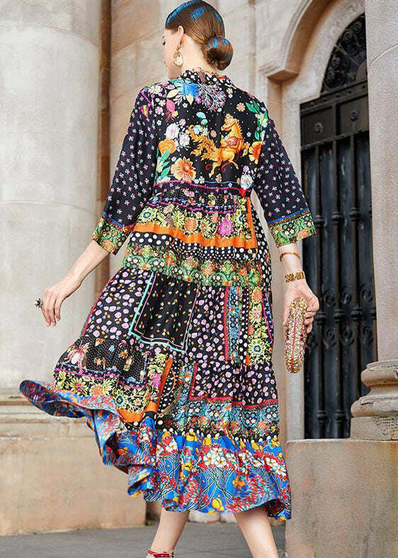Y2K Bohemian Colorblock V Neck Patchwork Silk Long Dress - Retro 90s Grunge Summer Outfit