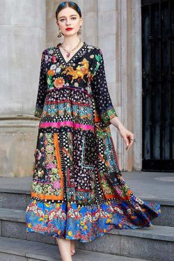 Y2K Bohemian Colorblock V Neck Patchwork Silk Long Dress - Retro 90s Grunge Summer Outfit