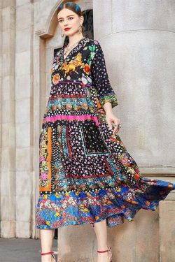 Y2K Bohemian Colorblock V Neck Patchwork Silk Long Dress - Retro 90s Grunge Summer Outfit