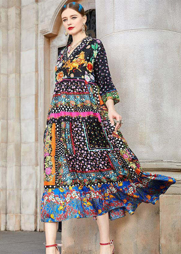 Y2K Bohemian Colorblock V Neck Patchwork Silk Long Dress - Retro 90s Grunge Summer Outfit