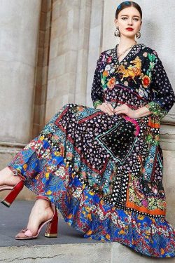 Y2K Bohemian Colorblock V Neck Patchwork Silk Long Dress - Retro 90s Grunge Summer Outfit