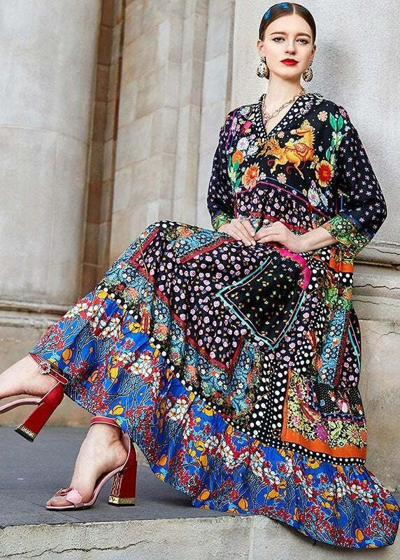 Y2K Bohemian Colorblock V Neck Patchwork Silk Long Dress - Retro 90s Grunge Summer Outfit